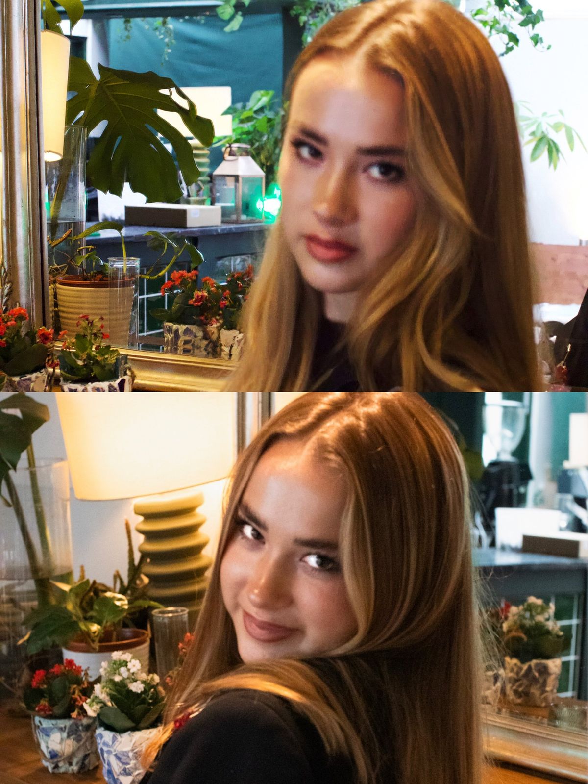 Two frames of the model by a mirror, plants and flowers around her
