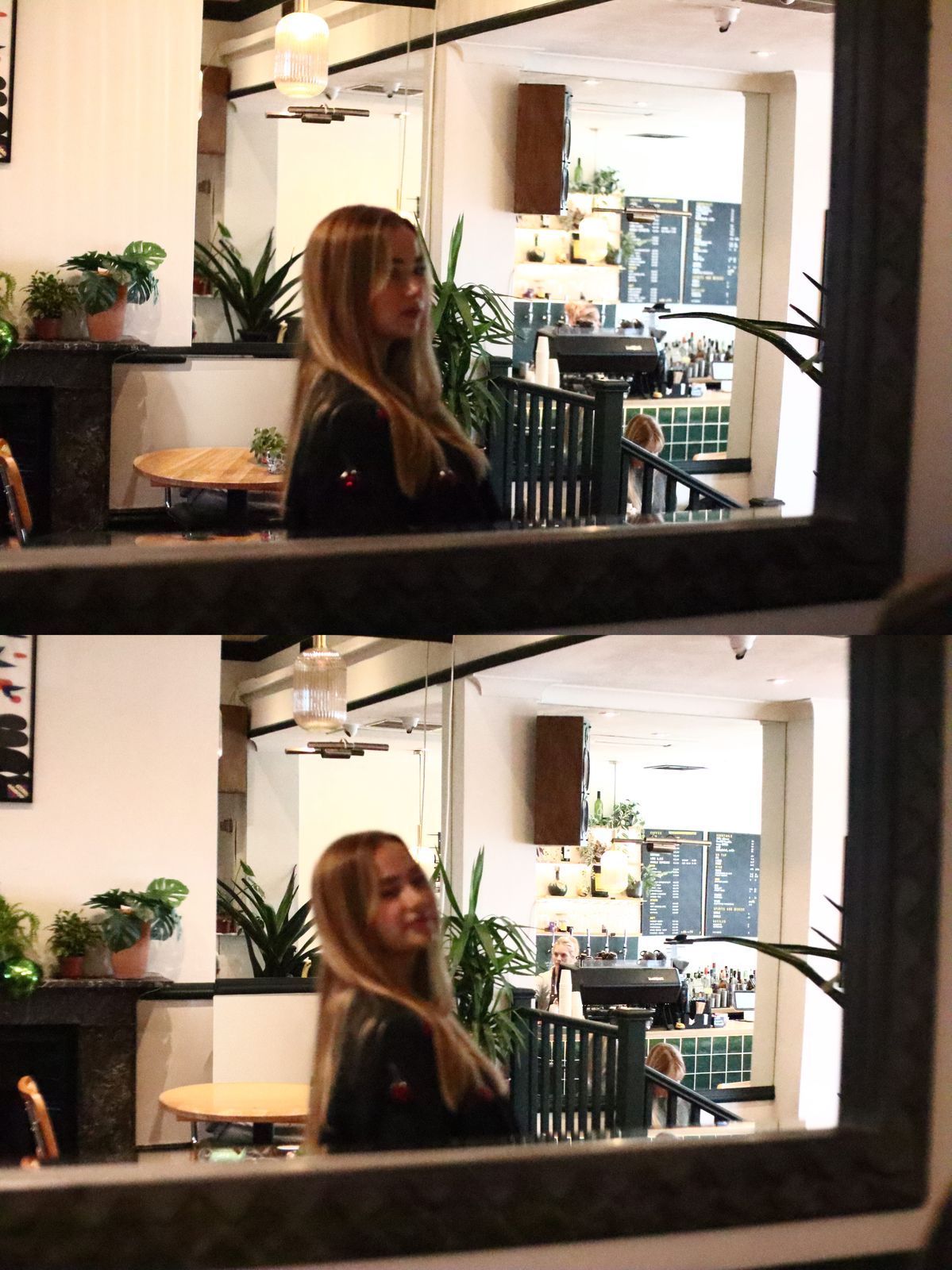 Two frames of the model seen through a mirror, the café behind her